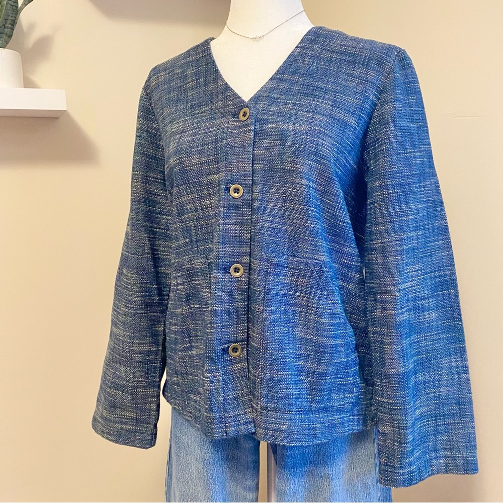 Pure Jill Indigo (M) Boho Lagenlook Button Front Blue Chorecoat Jacket